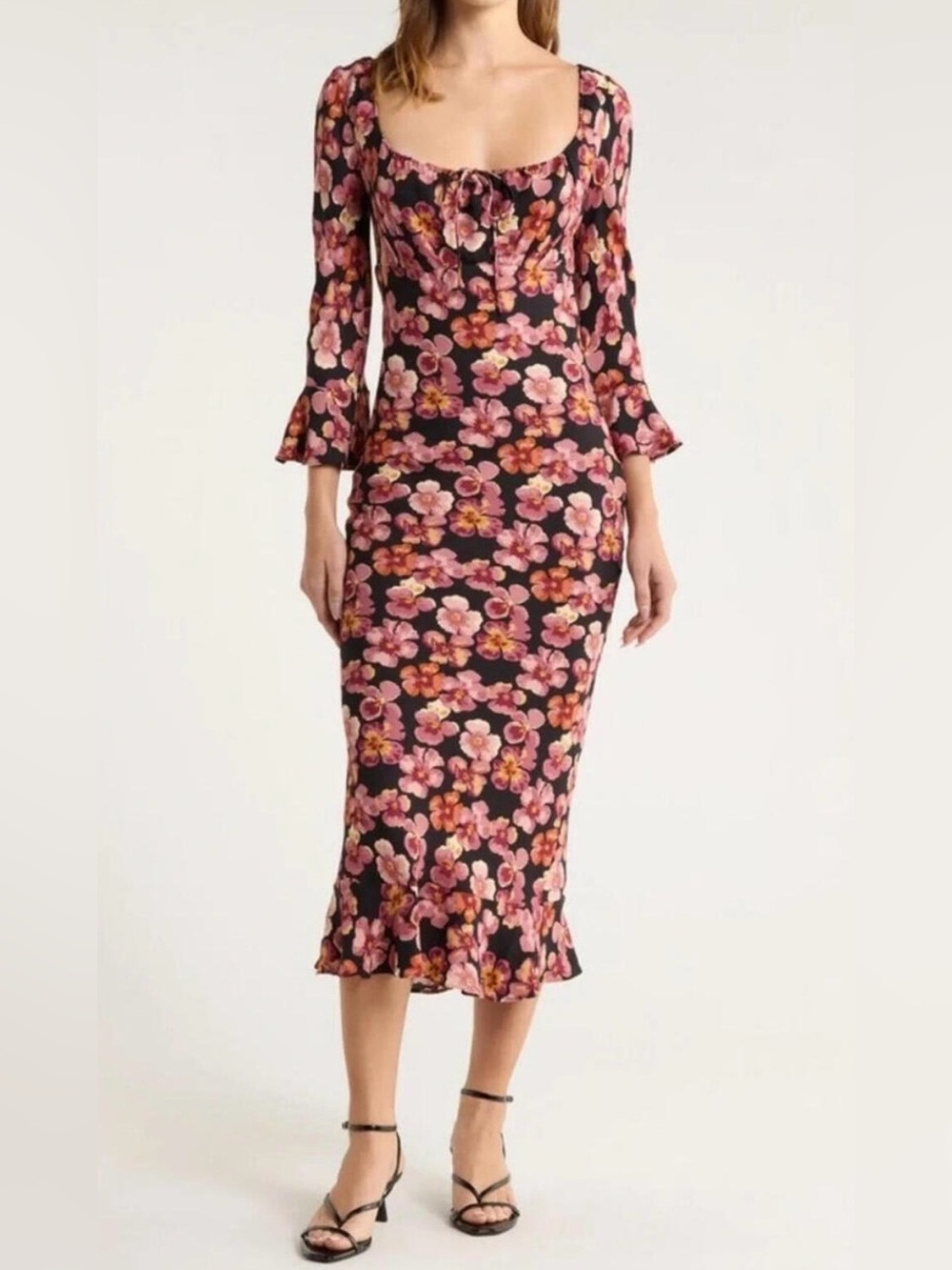 Floral Scoop Neck Midi Dress in Pink and Black